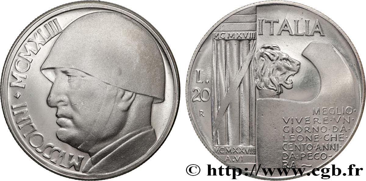 ITALY 20 Lire Proof Mussolini (monnaie apocryphe) 1928 Rome MS 