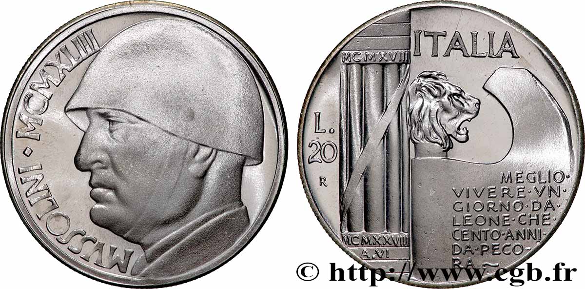 ITALIA 20 Lire Proof Mussolini (monnaie apocryphe) 1928 Rome SC 
