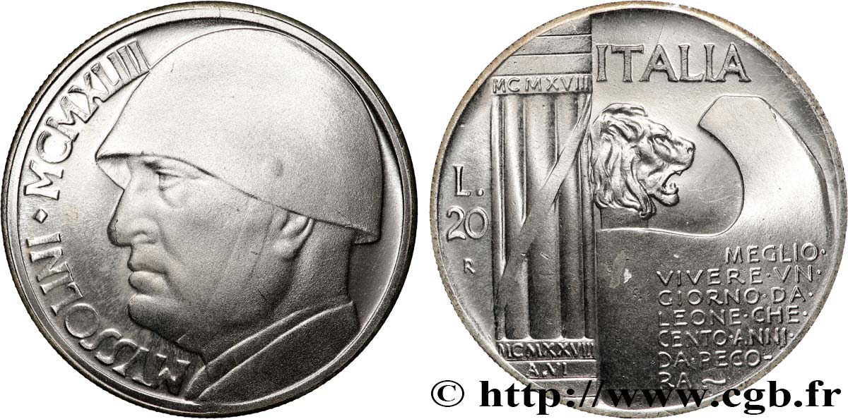 ITALIE 20 Lire Proof Mussolini (monnaie apocryphe) 1928 Rome SPL 
