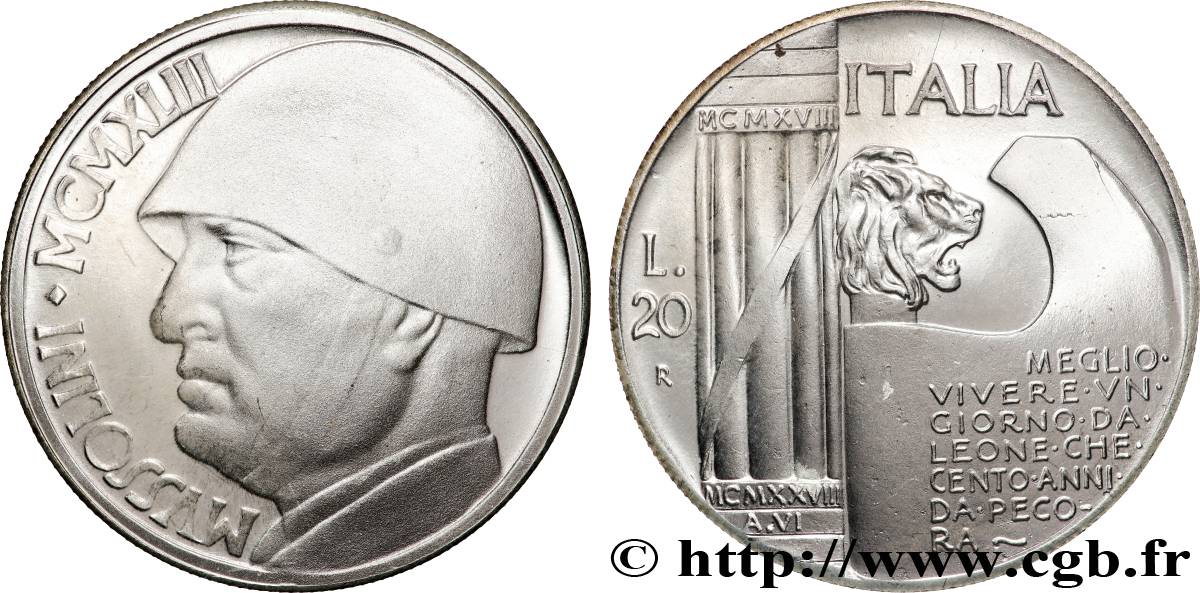 ITALY 20 Lire Proof Mussolini (monnaie apocryphe) 1928 Rome MS 