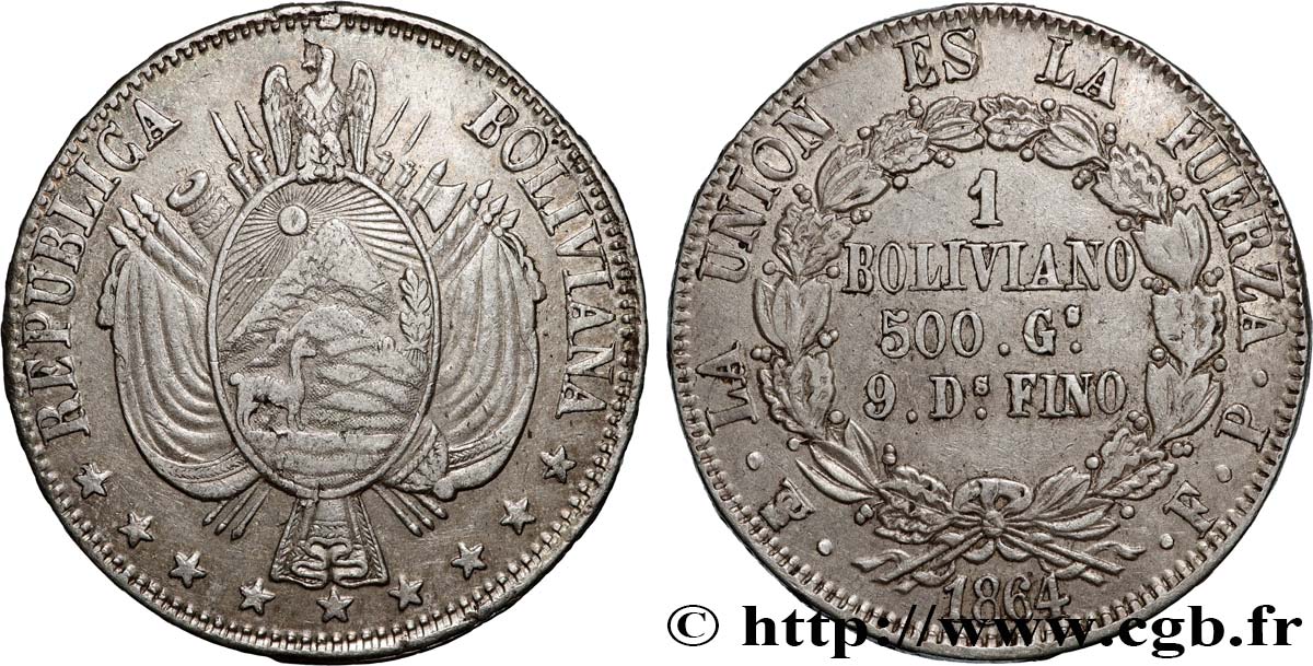 BOLIVIEN 1 Boliviano 1864 Potosi fVZ 