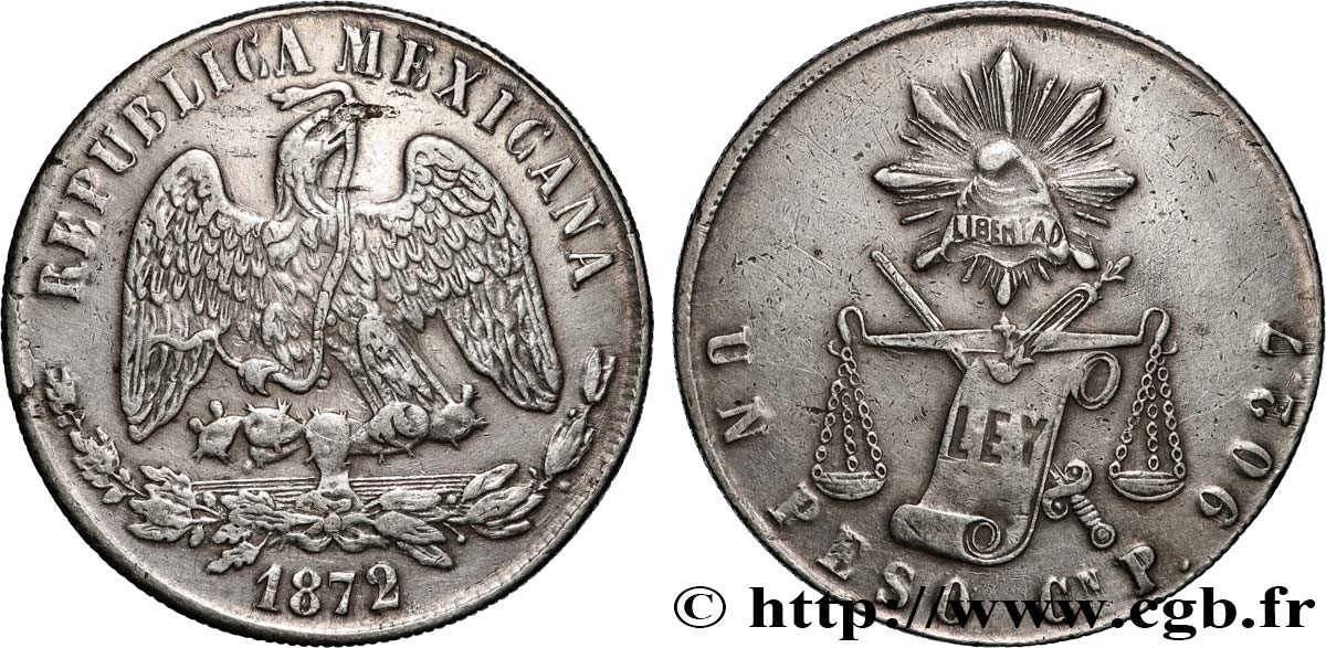 MEXIKO 1 Peso aigle 1872 Culiacan fVZ 