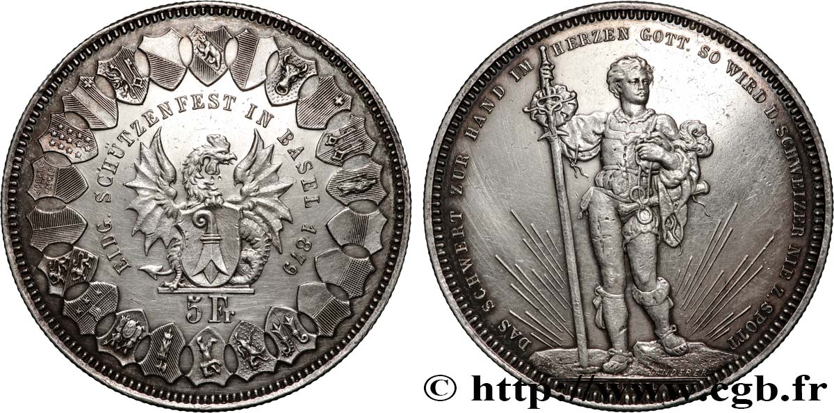 SUIZA 5 Francs, monnaie de Tir, Bâle 1879  MBC+ 