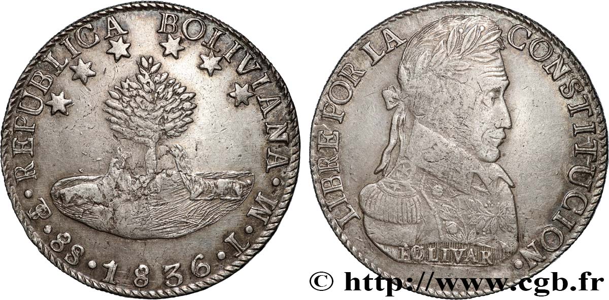 BOLIVIA 8 Soles Simon Bolivar 1836 Potosi AU 