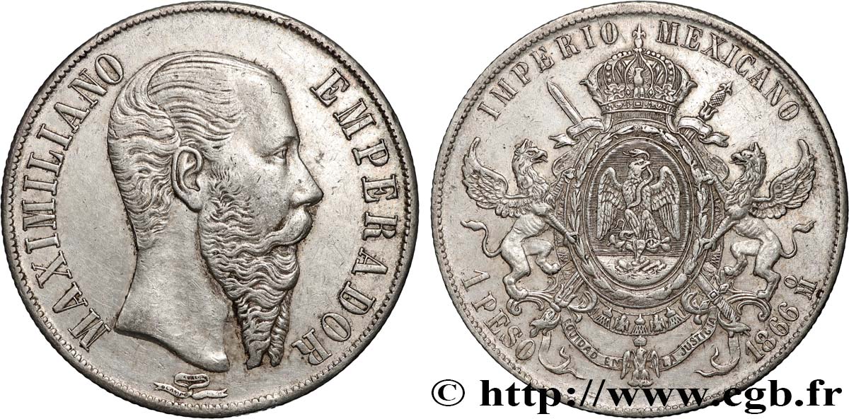 MEXIQUE - MAXIMILIEN Ier 1 Peso  1866 Mexico SS 