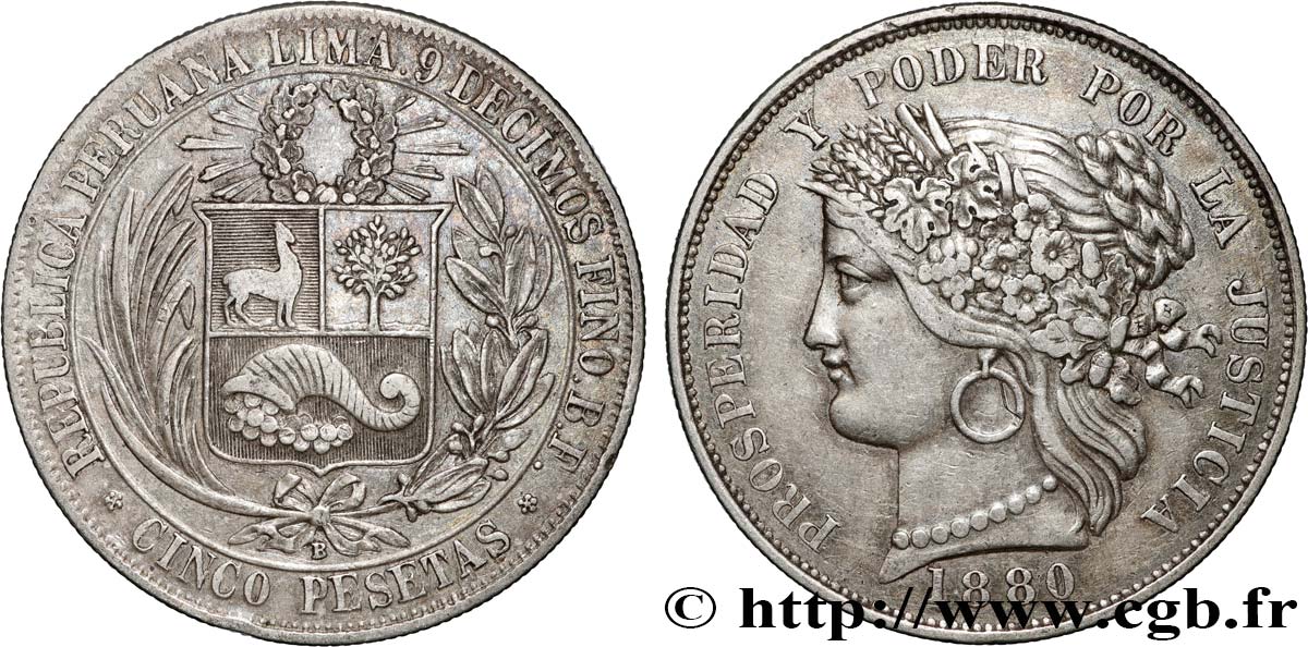 PÉROU 5 Pesetas 1880 Lima TTB 