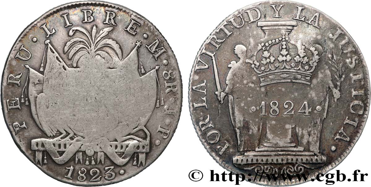 PERú 8 Reales armes / Vertu et Justice contremarquée 1824 Lima MBC 