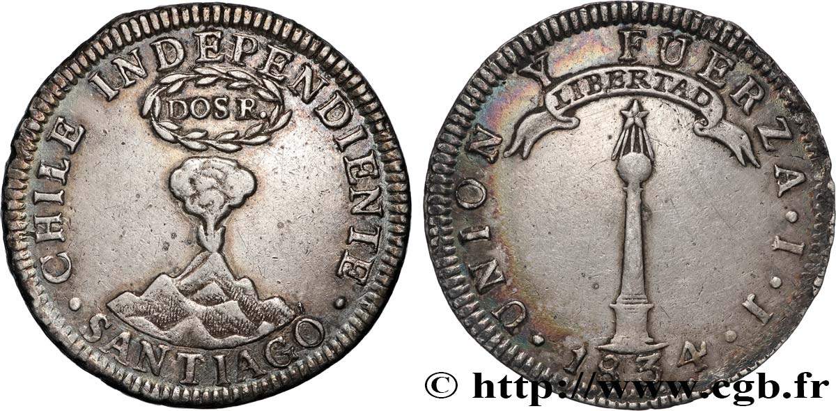 CHILE
 2 Reales 1834 Santiago MBC+ 