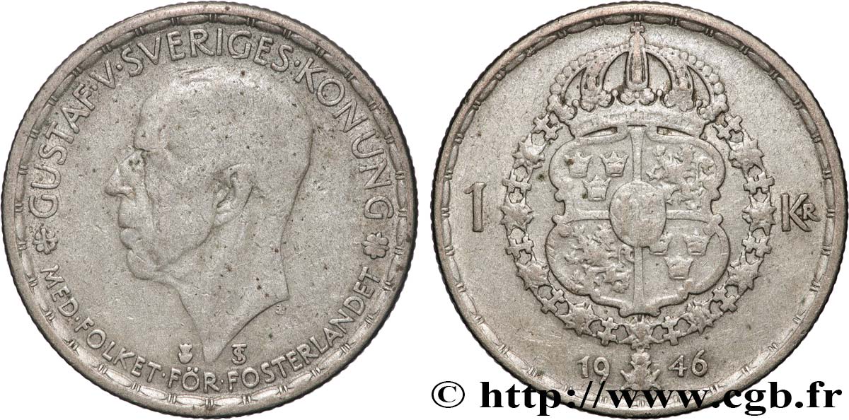 SCHWEDEN 1 Krona Gustave V 1946  S 