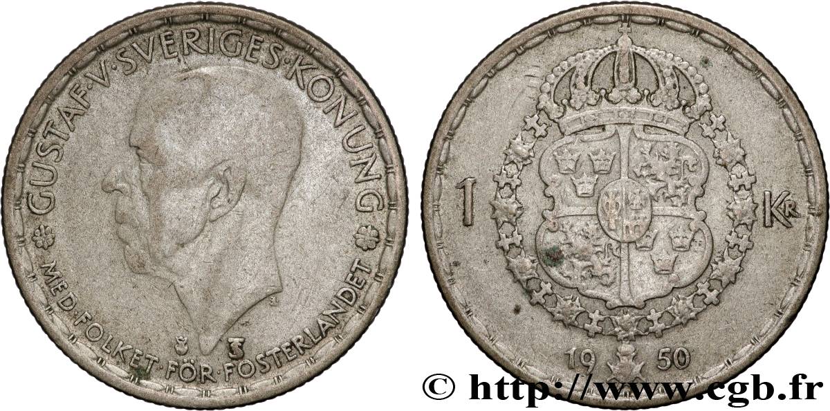 SUECIA 1 Krona Gustave V 1950  BC+ 