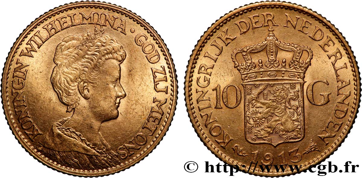 INVESTMENT GOLD 10 Gulden Wilhelmina 1913 Utrecht AU 