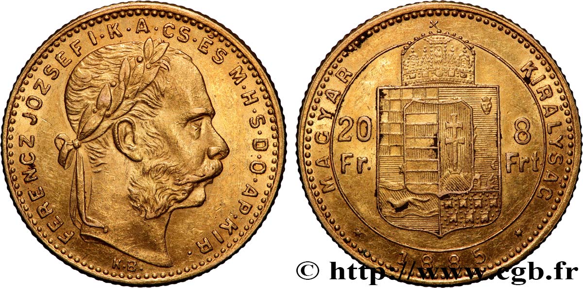 OR, PALLADIUM ET PLATINE INVESTISSEMENT 20 Francs or ou 8 Forint François-Joseph Ier 1885 Kremnitz TTB+ 