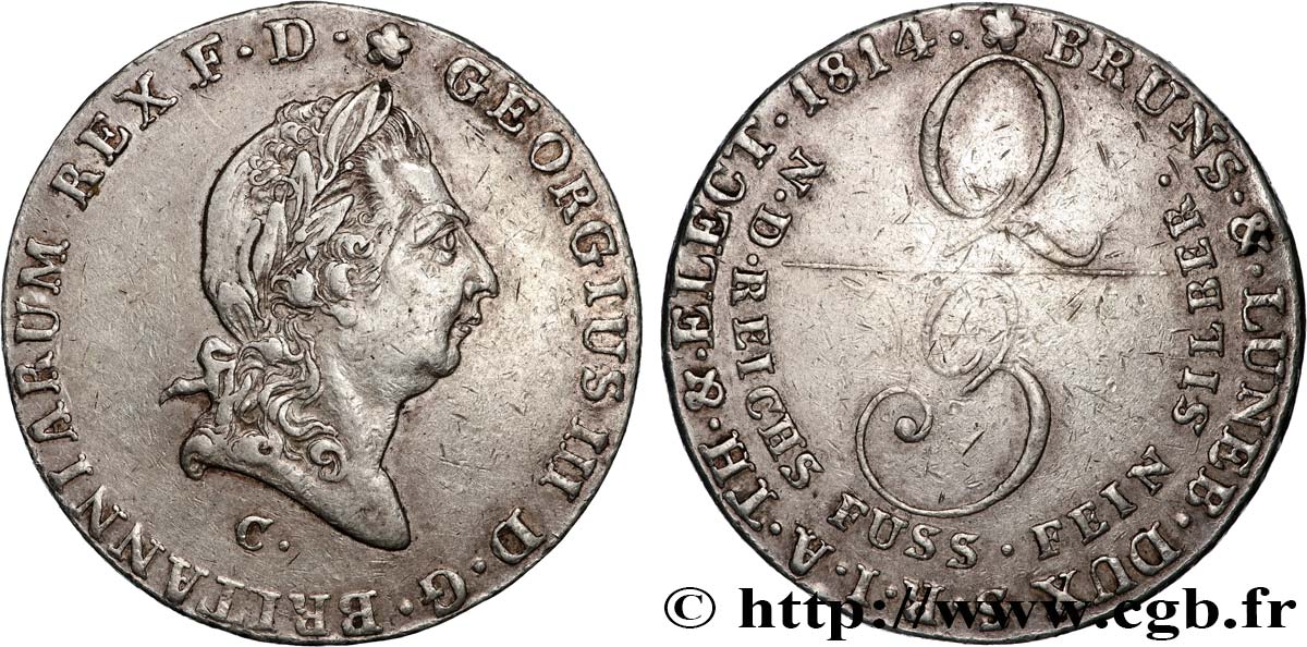 ALLEMAGNE - ROYAUME DE HANOVRE - GEORGES III D ANGLETERRE 2/3 Thaler  1814 Hanovre TTB 