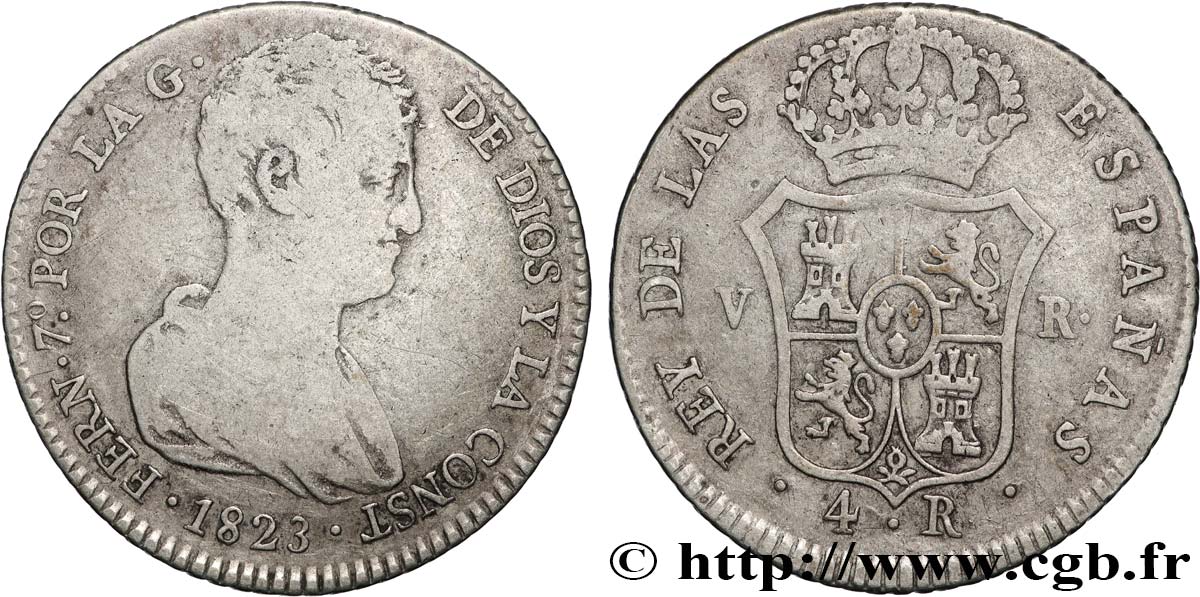 ESPAÑA 4 Reales Ferdinand VII 1823 Valence BC+ 