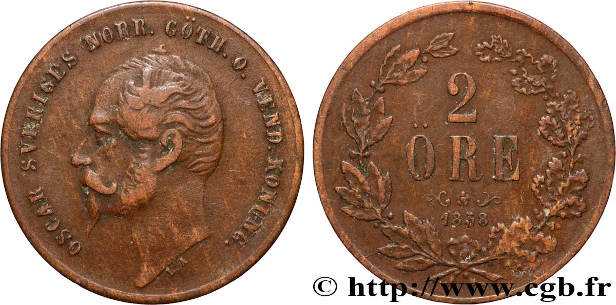 SCHWEDEN 2 Ore Oscar Ier 1858  fSS 