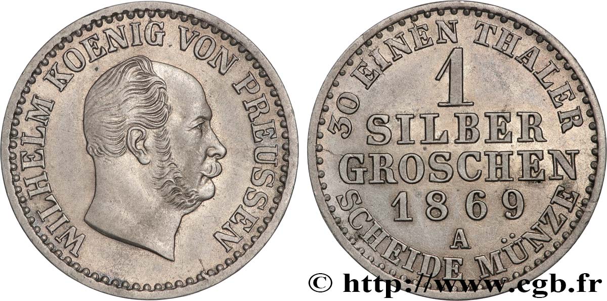 GERMANY - PRUSSIA 1 Silbergroschen Guillaume 1869 Berlin AU 