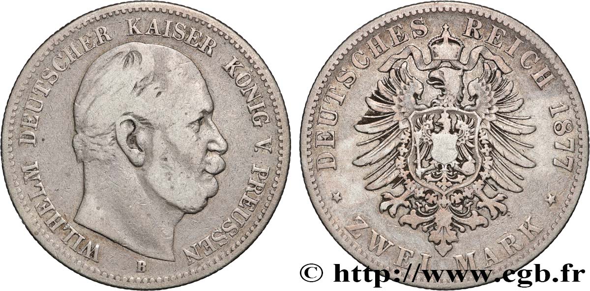 ALEMANIA - PRUSIA 2 Mark royaume de Prusse Guillaume Ier, 1e type 1877 Hanovre BC+ 