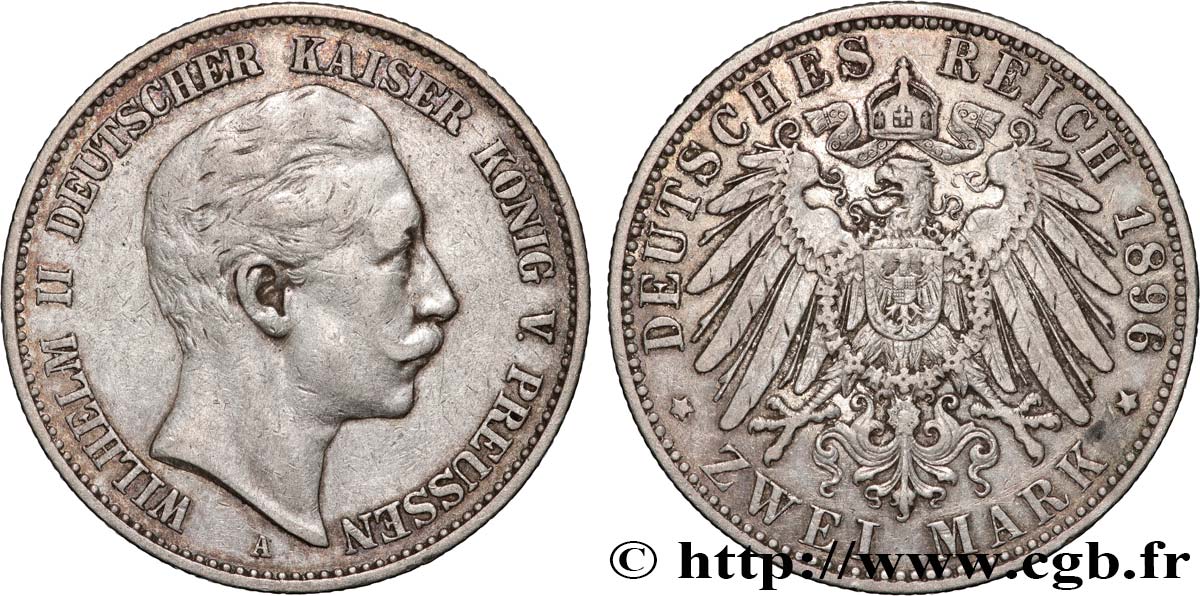 GERMANY - PRUSSIA 2 Mark Guillaume II 1896 Berlin XF 