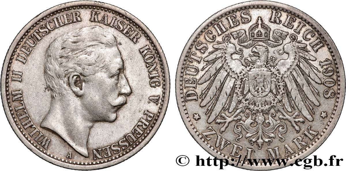 ALEMANIA - PRUSIA 2 Mark Guillaume II 1908 Berlin MBC 