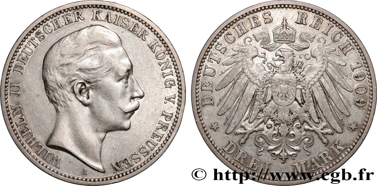 GERMANY - PRUSSIA 3 Mark Guillaume II 1909 Berlin AU 