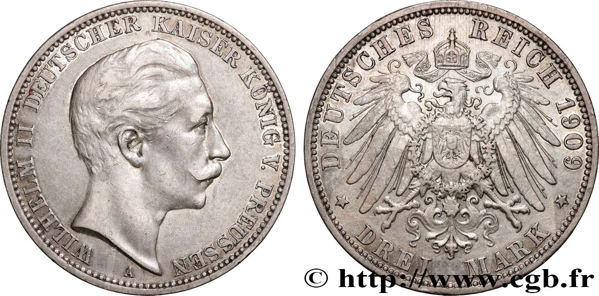 ALEMANIA - PRUSIA 3 Mark Guillaume II 1909 Berlin MBC+ 