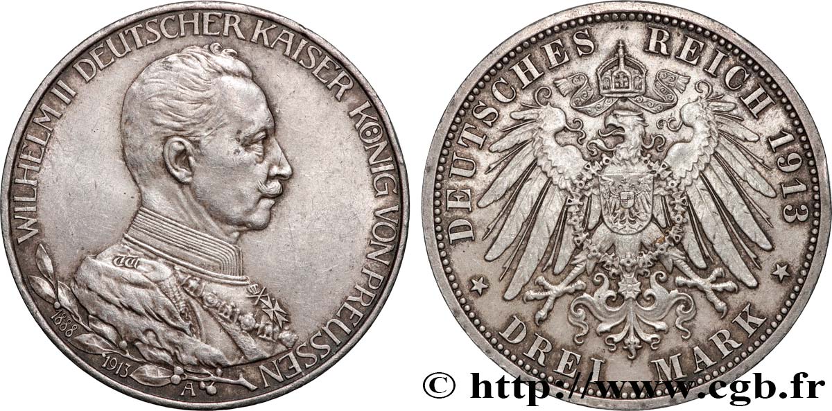 ALEMANIA - PRUSIA 3 Mark 25e anniversaire de règne de Guillaume II 1913 Berlin MBC+ 