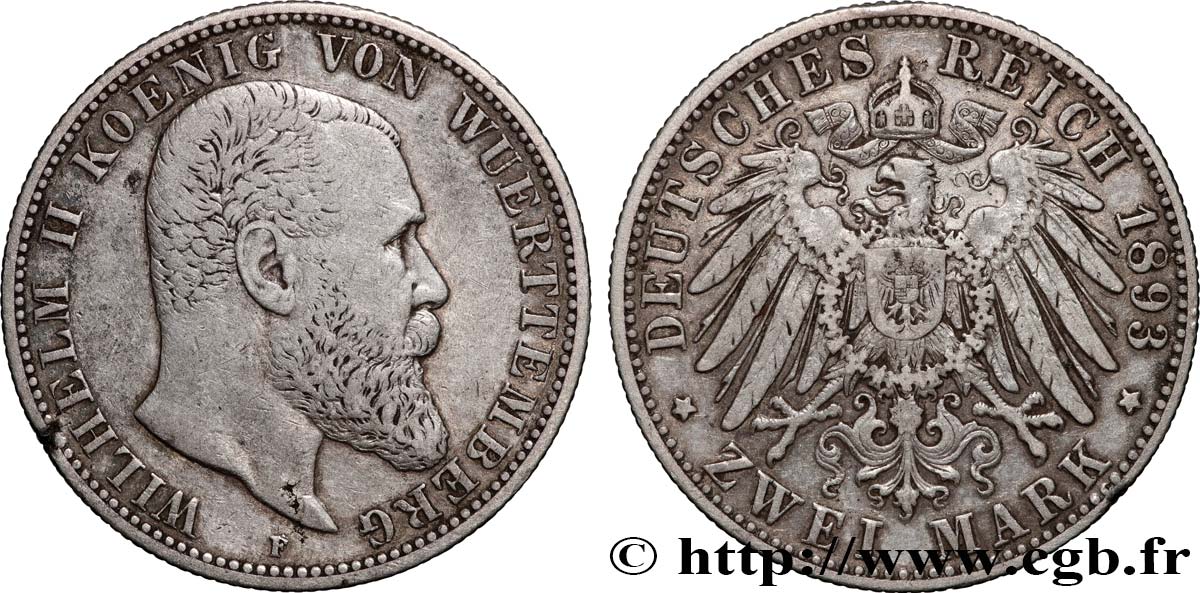 ALLEMAGNE - WURTEMBERG 2 Mark Guillaume II 1893 Stuttgart TTB 