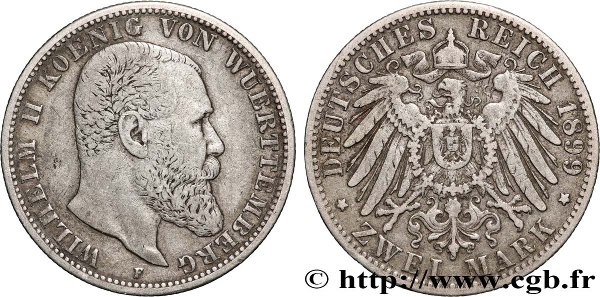 ALEMANIA - WURTEMBERG 2 Mark Guillaume II 1899 Stuttgart MBC 