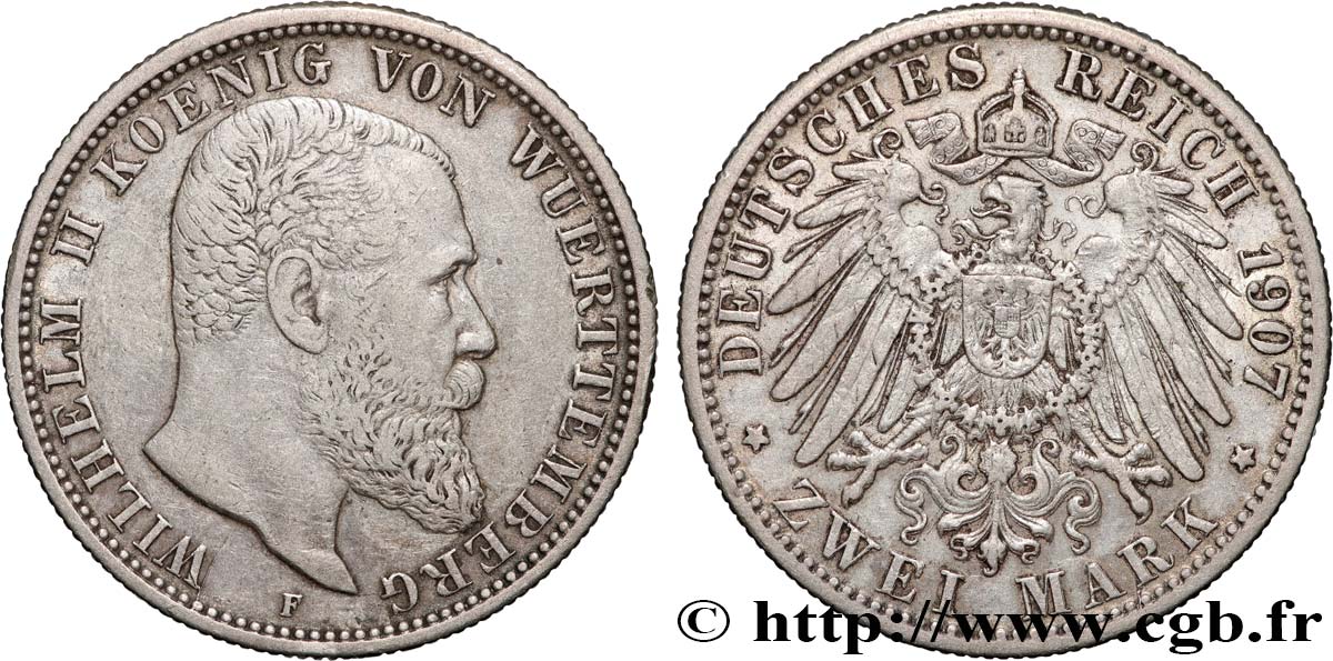 ALLEMAGNE - WURTEMBERG 2 Mark Guillaume II 1907 Stuttgart TTB 