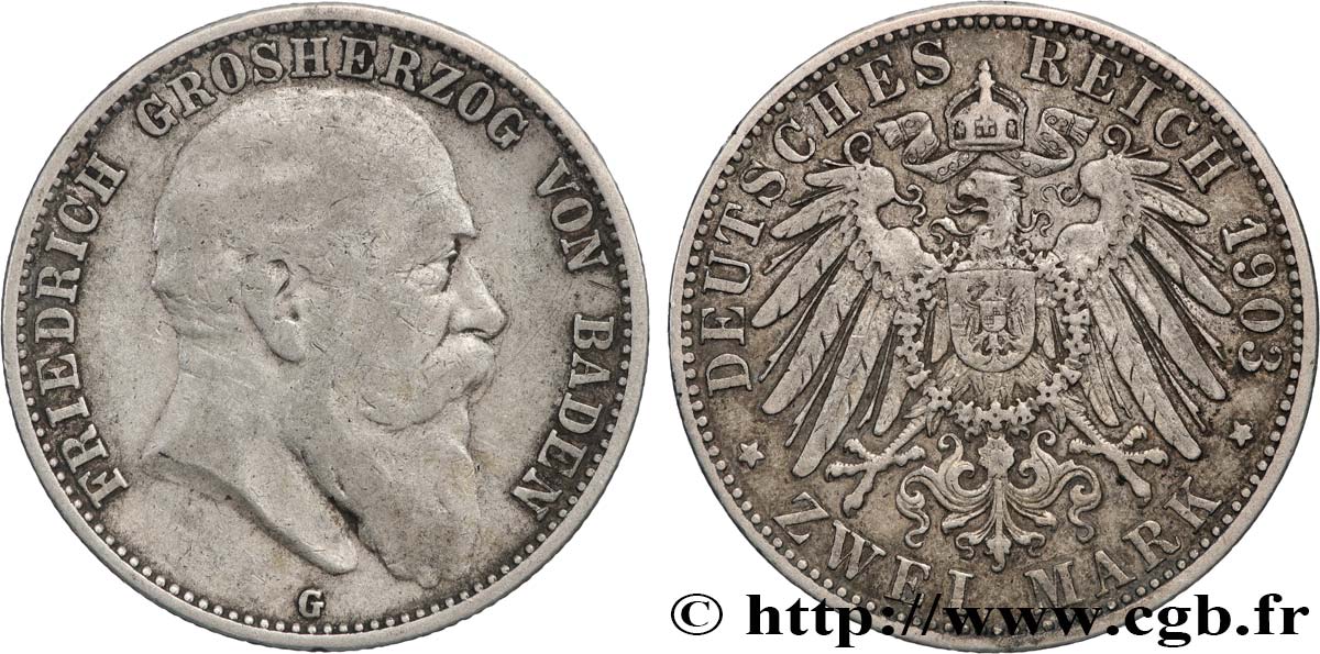 ALLEMAGNE - BADE 2 Mark Grand-Duché de Bade Frédéric / aigle impérial 1903 Karlsruhe - G TTB 