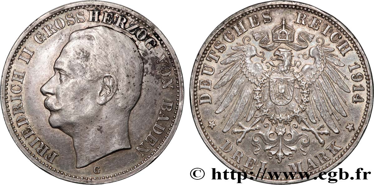 GERMANY - BADEN 3 Mark Frédéric II 1914 Karlsruhe XF 