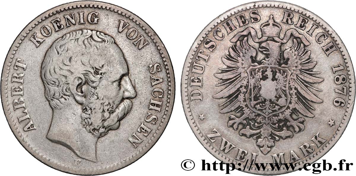 GERMANIA - SASSONIA 2 Mark - Royaume de Saxe Albert / aigle 1876 Dresde - E q.BB 