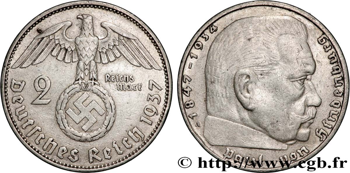 ALLEMAGNE 2 Reichsmark Maréchal Paul von Hindenburg 1937 Berlin TTB 