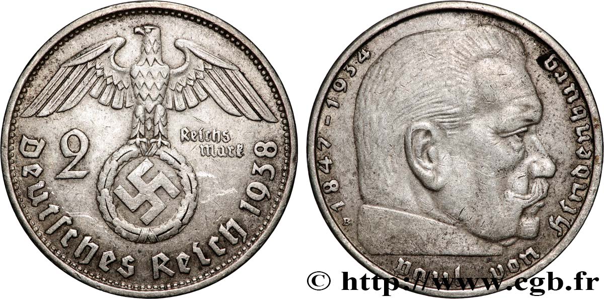 GERMANY 2 Reichsmark Maréchal Paul von Hindenburg 1938 Vienne XF 