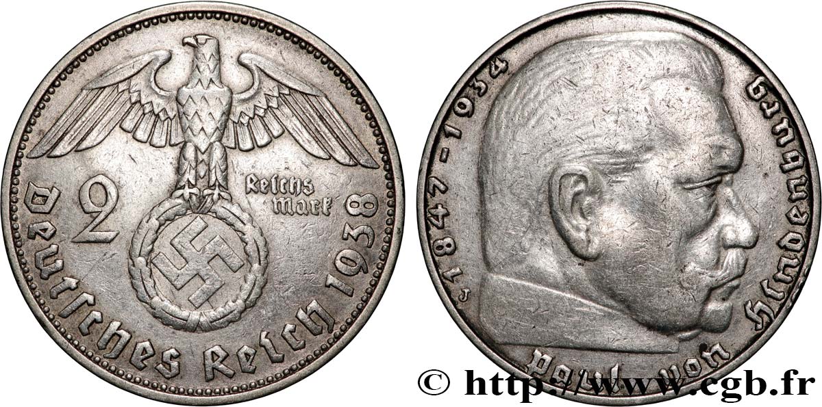 ALEMANIA 2 Reichsmark Maréchal Paul von Hindenburg 1938 Hambourg MBC 