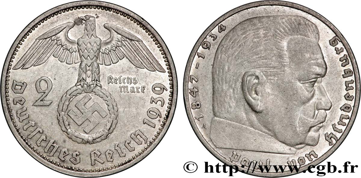 DEUTSCHLAND 2 Reichsmark Maréchal Paul von Hindenburg 1939 Berlin fVZ 