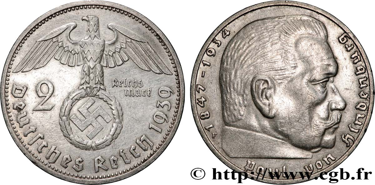 ALLEMAGNE 2 Reichsmark Maréchal Paul von Hindenburg 1939 Stuttgart - F TTB 