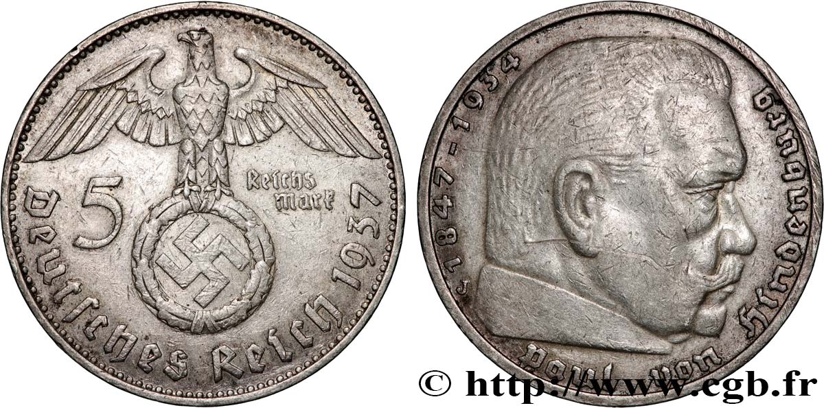 ALLEMAGNE 5 Reichsmark Maréchal Paul von Hindenburg 1937 Hambourg TTB 