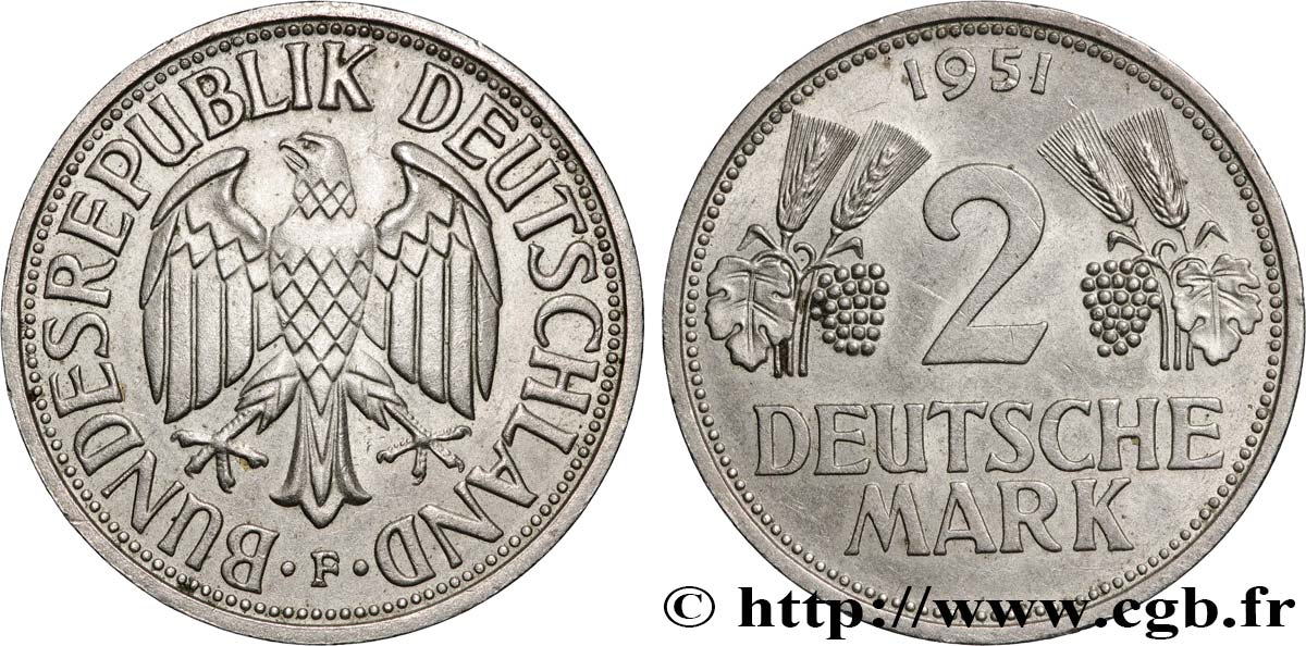 GERMANY 2 Mark aigle 1951 Stuttgart - F AU 