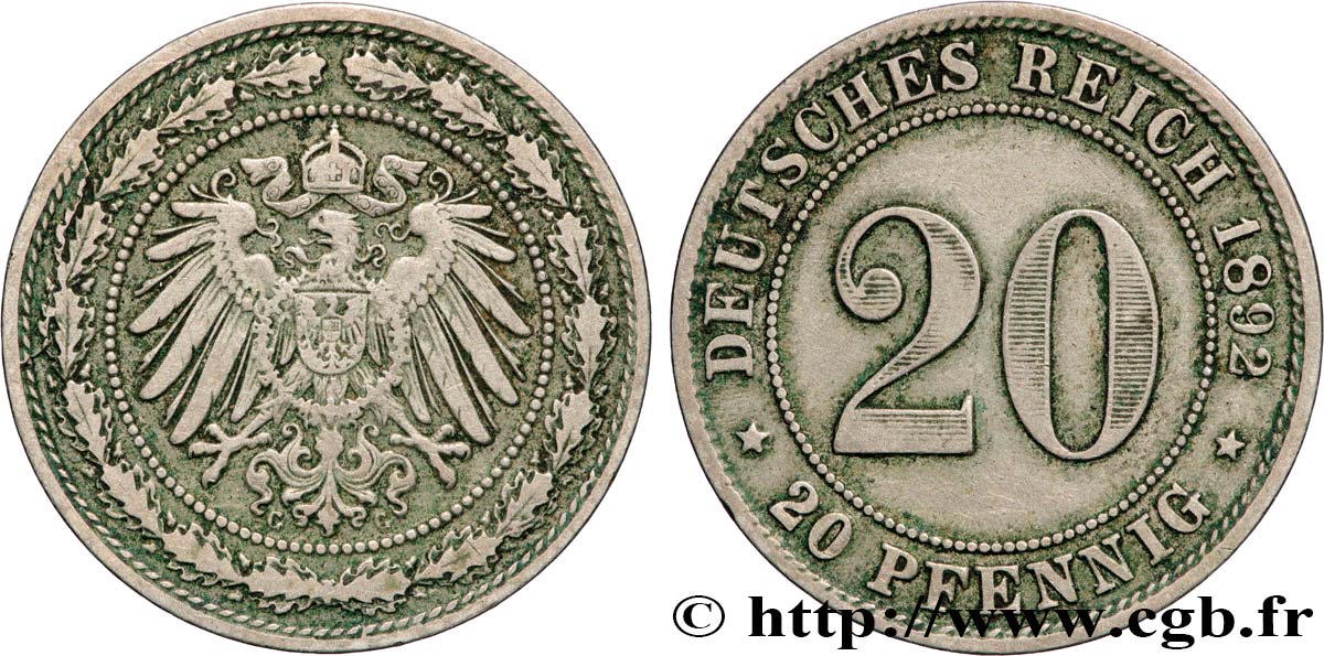 DEUTSCHLAND 20 Pfennig 1892 Karlsruhe fSS 