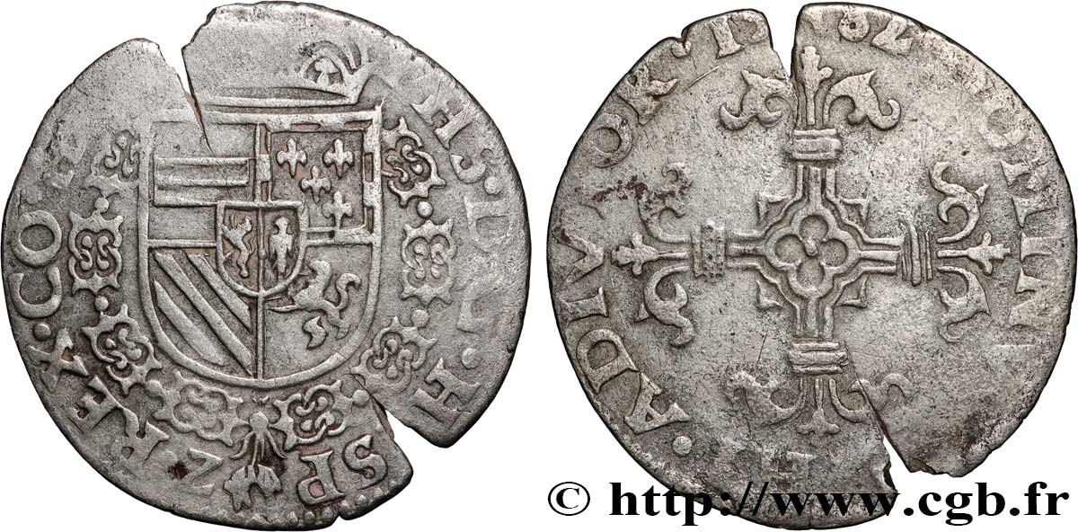 PAYS-BAS ESPAGNOLS - COMTÉ DE HAINAUT - PHILIPPE II D ESPAGNE Vingtième d’écu  1582 Mons TB+ 