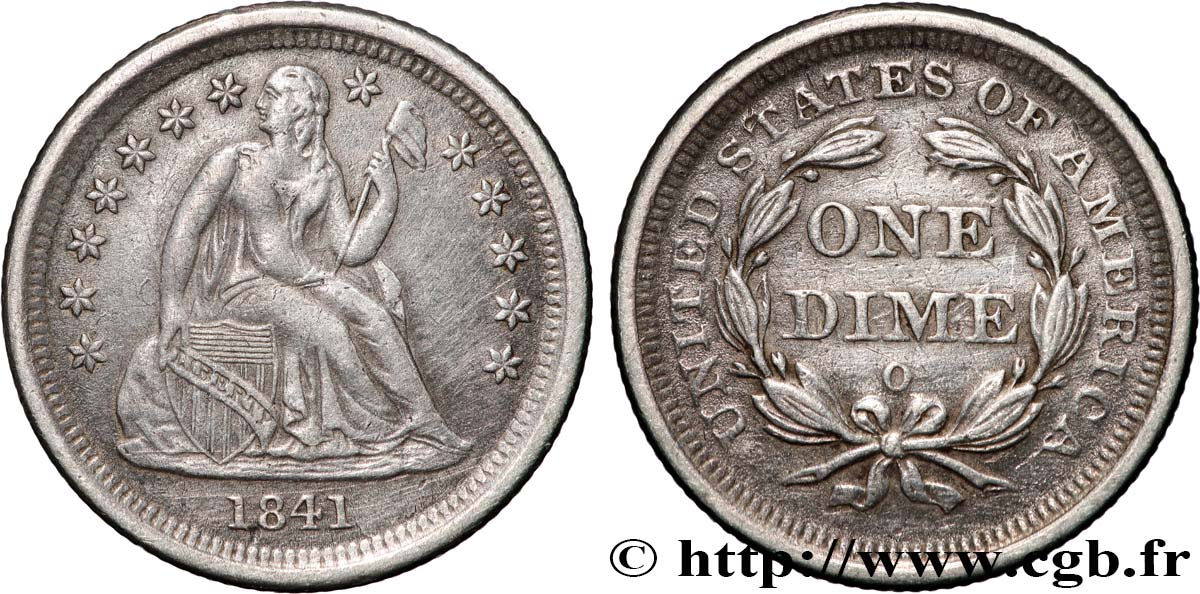 UNITED STATES OF AMERICA Dime Liberté assise variété avec draperie 1841 Nouvelle-Orléans XF 