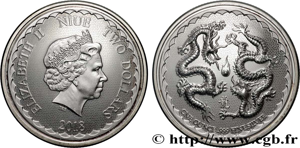 SILBER-INVESTMENT 1 Oz - 2 Dollars Année du Dragon 2018  ST 