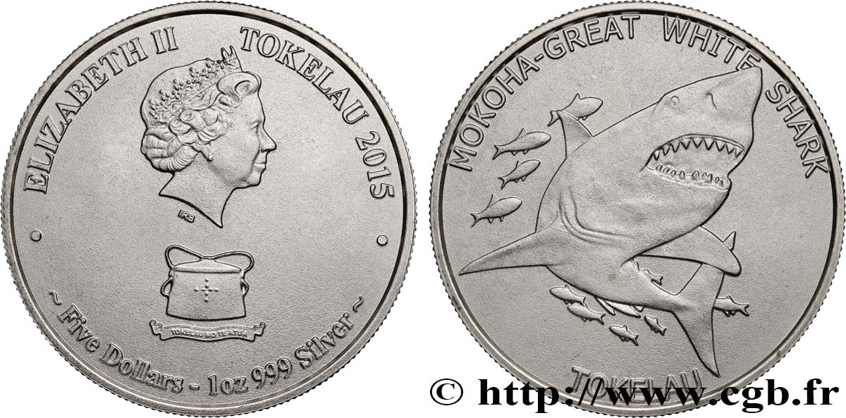 SILVER INVESTMENT 1 Oz - 5 Dollars Requin blanc 2015  MS 