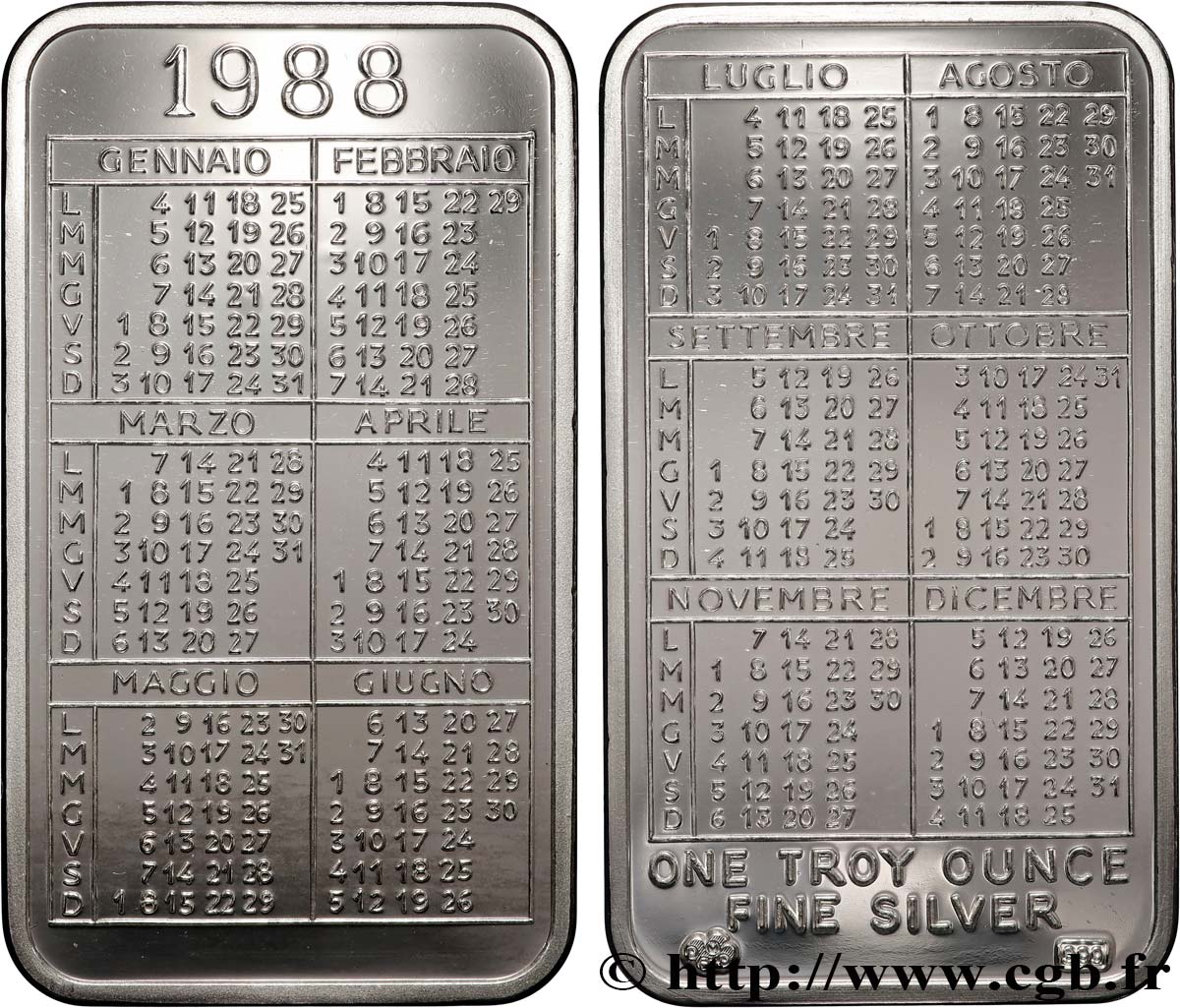 SILVER INVESTMENT Lingotin de 1 once - ARGENT 999 - Calendrier 1988 n.d. s.l. MS 