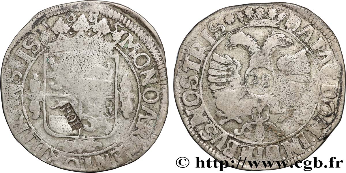 NETHERLANDS - UNITED PROVINCES - HOLLAND 28 Stuivers / 1 Florin contremarqué sur un florin de la province d’Overjissel de 1685 (1693)  VF 