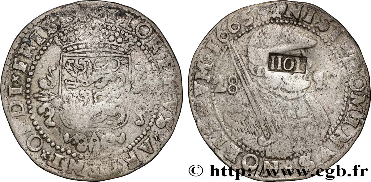 NIEDERLANDE - VEREINIGTEN PROVINZEN  - HOLLAND 28 Stuivers / 1 Florin contremarqué sur un florin de la Province de Frise en 1665 (1693)  fSS 