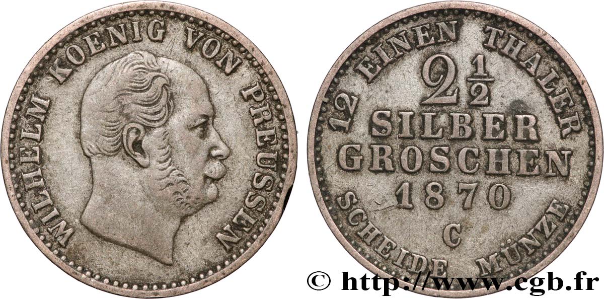 ALLEMAGNE - PRUSSE 2 1/2 Silbergroschen Guillaume Ier 1870 Francfort TB+ 