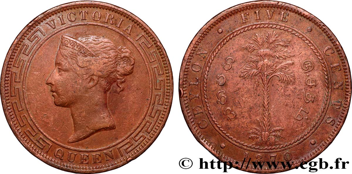 CEILáN 5 Cents Victoria 1870 Calcutta BC+/MBC 