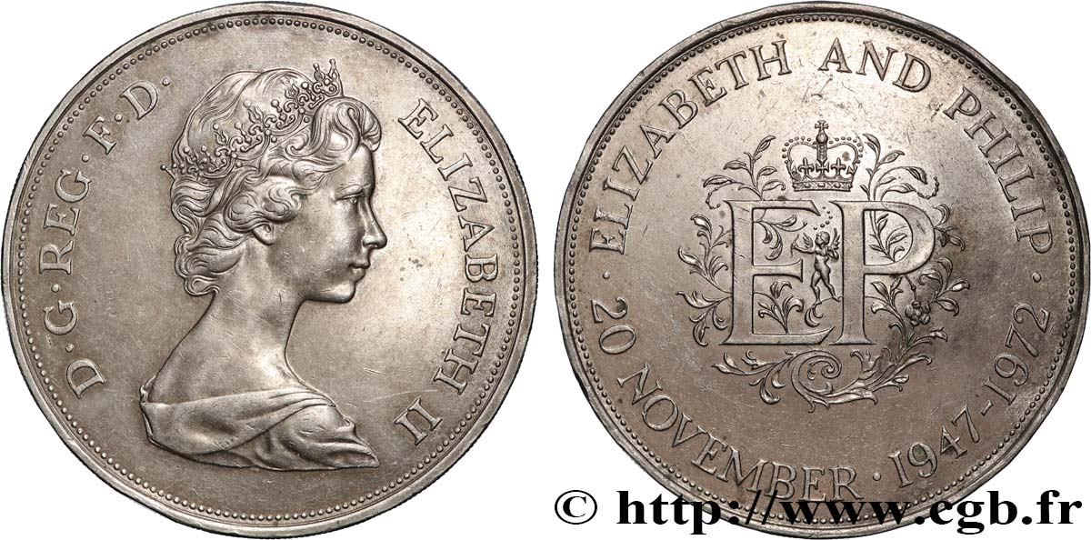ROYAUME-UNI 25 New Pence (1 Crown) 25e anniversaire de mariage d’Elisabeth II 1972  SUP 